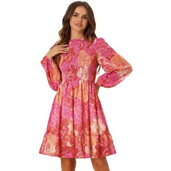 Allegra K Women's Smocked Ruffle Neck Long Sleeve Floral Chiffon Dress