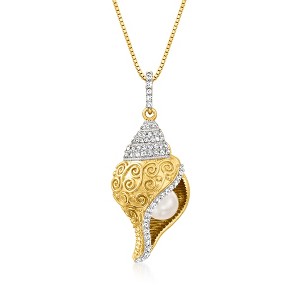 Ross-Simons 6mm Cultured Pearl and .40 ct. t.w. White Topaz Seashell Pendant Necklace in 18kt Gold Over Sterling Size 18 - 1 of 4