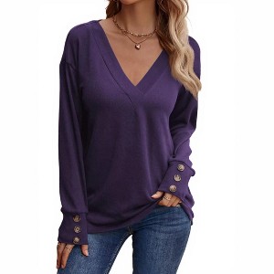 Clearlove Women Casual Long Sleeve V Neck Pullover Shirts Loose Fit Tops - 1 of 4