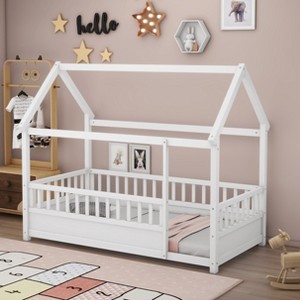 LOVSON Twin Size Floor Wooden Bed with House Roof Frame, Fence Guardrails,White - 1 of 4