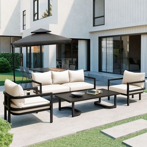 Fred 4-Piece Simple Design Patio Conversation Set, Steel Frame Sofa Set with Large Size Coffee Table, Outdoor Furniture - Maison Boucle - 1 of 4