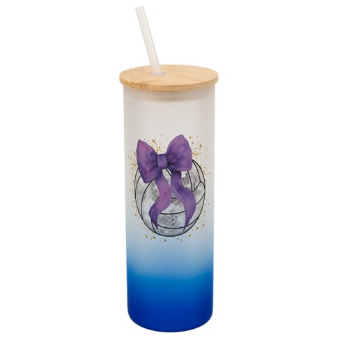 Elanze Designs 25 Ounce Frosted Glass Gradient Travel Tumbler With Straw and Wooden Lid, Volleyball With Purple Bow Navy Blue - image 1 of 1