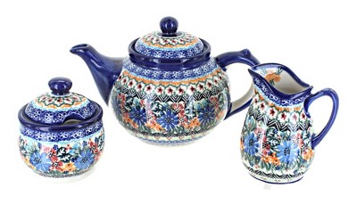 Blue Rose Polish Pottery 1700 Vena 3 Piece Tea Set