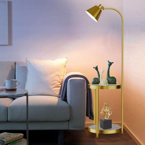 Modern Tall Standing Living Room Floor Lamp with 2-tier End Side Tables Storage Shelves Accent Light 90°Rotation Golden Iron Frame for Bedroom Offices - 1 of 4