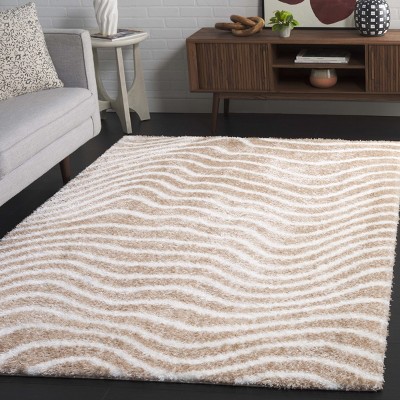 Gold and Ivory Striped Shag Area Rug, 4' x 6'