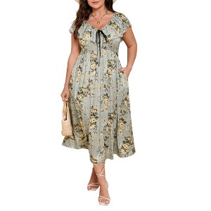 Women's Plus Size Maxi Dress Flutter V Neck Sleeveless Flowy Boho Floral Print Summer Casual Wedding Party Formal Dresses - 1 of 4