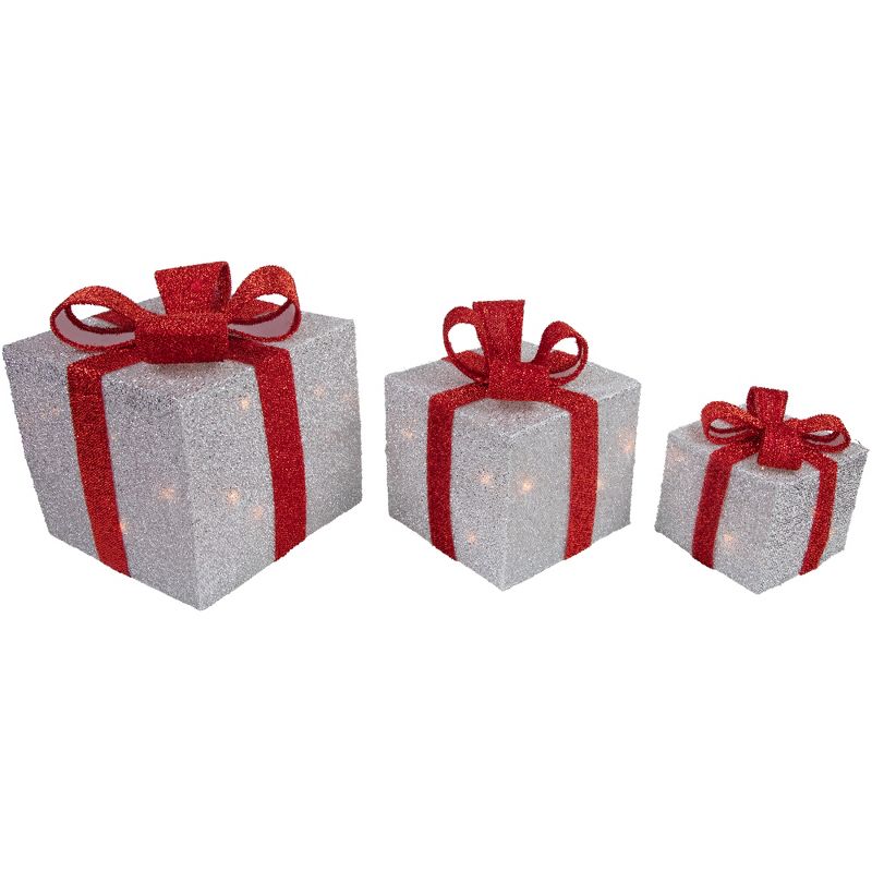Northlight Set of 3 Silver Tinsel Lighted Gift Boxes with Red Bows Outdoor Christmas Decorations, 5 of 7