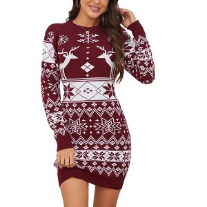 Women's Cute Ugly Christmas Sweater Dress Long Sleeve Crew Neck Pullover Reindeer Snowflakes Printed Holiday Mini Sweater Dress - 1 of 4