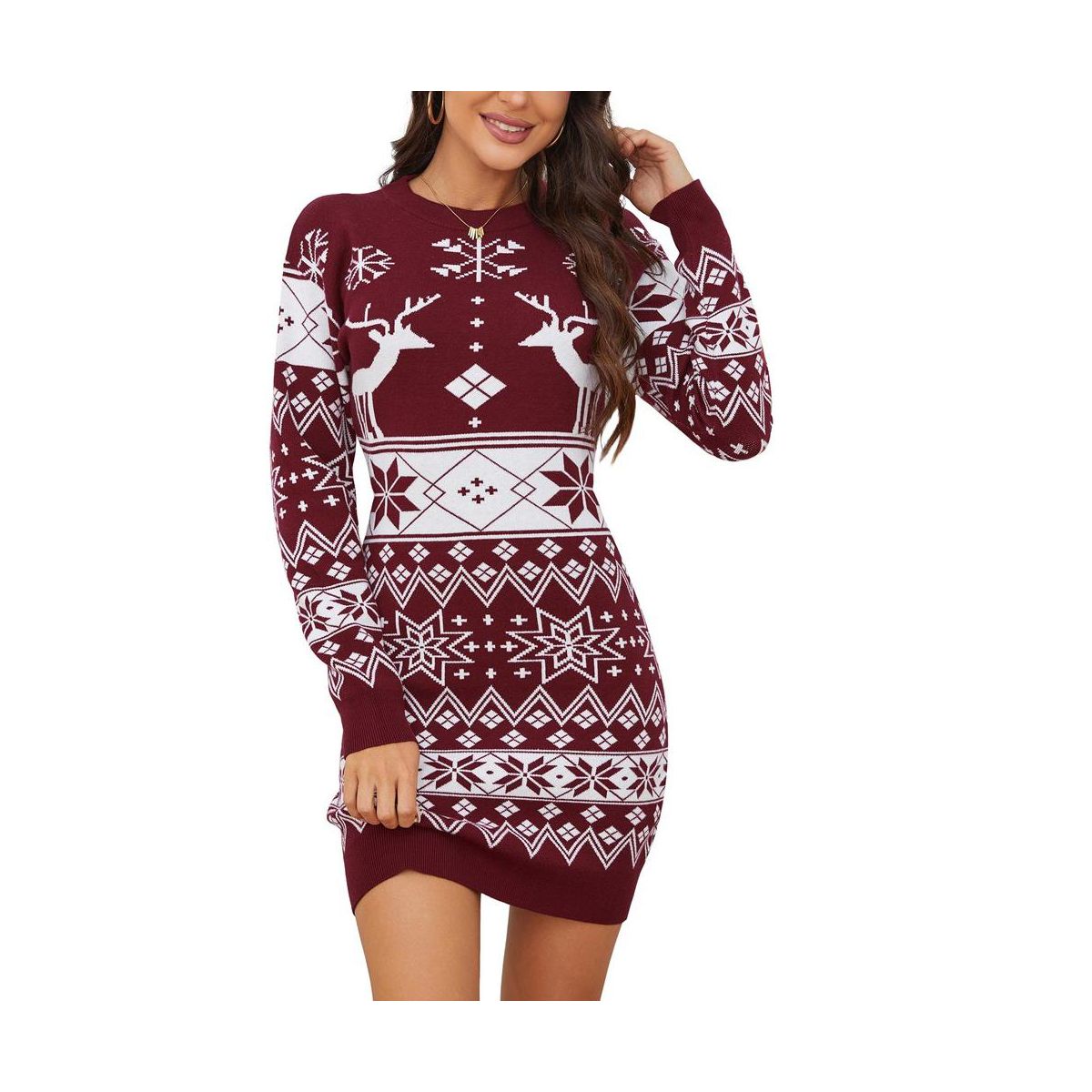Women's Cute Ugly Christmas Sweater Dress Long Sleeve Crew Neck Pullover Reindeer Snowflakes Printed Holiday Mini Sweater Dress - thumbnail 8