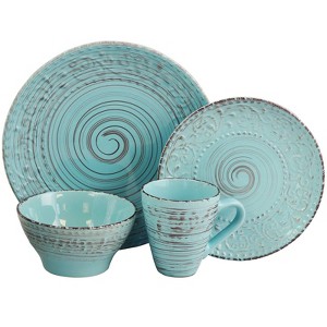 16pc Stoneware Tropical Breeze Dinnerware Set Blue - Elama: Microwave & Dishwasher Safe Dishware Set for 4 - 1 of 4