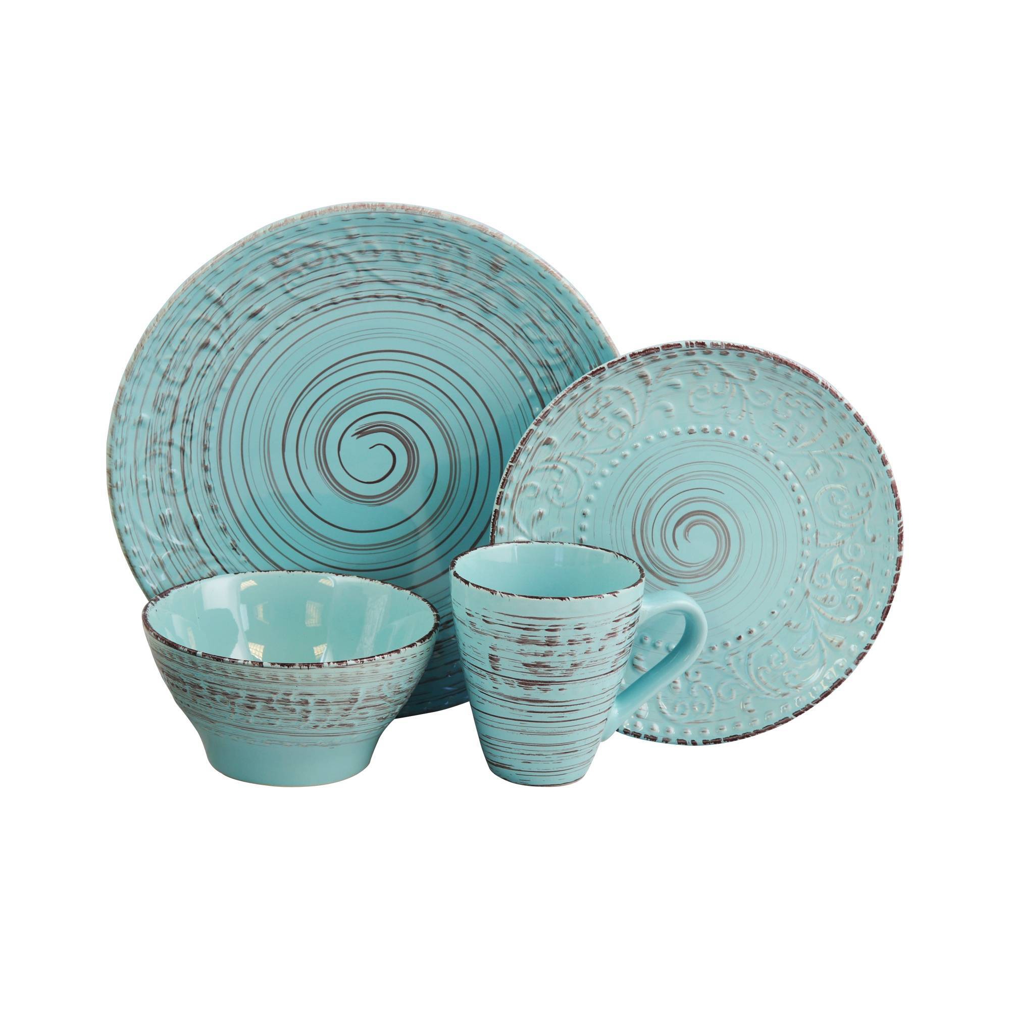 16pc Stoneware Tropical Breeze Dinnerware Set Blue - Elama: Microwave & Dishwasher Safe Dishware Set for 4