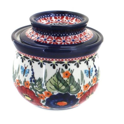 Blue Rose Polish Pottery Floral Butterfly French Butter Dish