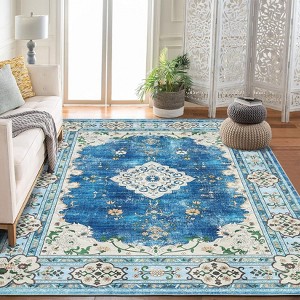 Coucheta Washable Bohemian Area Rug, Distressed Oriental Floral Pattern, Non-Slip Low Pile Carpet for Living & Dining Room, Bedroom, Nursery & Office - 1 of 4