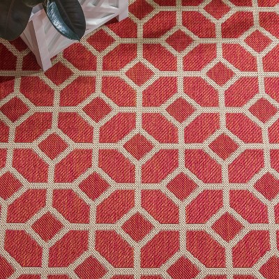 Red and Creme Geometric Synthetic Runner Rug, 2'-2" x 6'