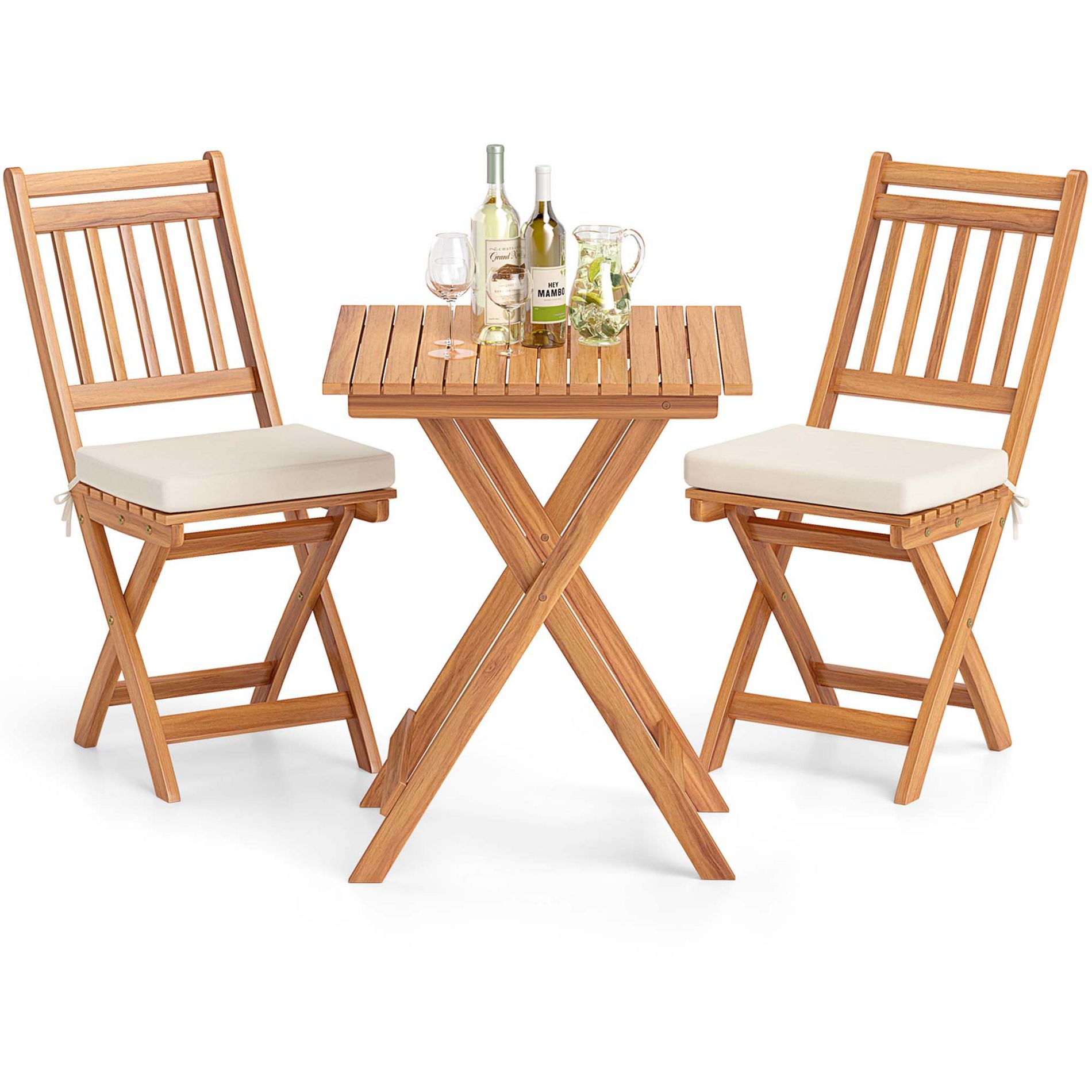 Tangkula 3-Piece Folding Bistro Set w/ Removable Seat Cushions Outdoor Table & Chairs