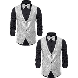 Lars Amadeus Men's Shiny Disco Sequin Suit Waistcoat Set with Bow Tie 2 Packs - 1 of 4