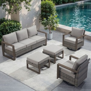 Gymojoy 5 Pieces Outdoor Patio Sofa Swivel Chair with Ottoman Set - 1 of 4
