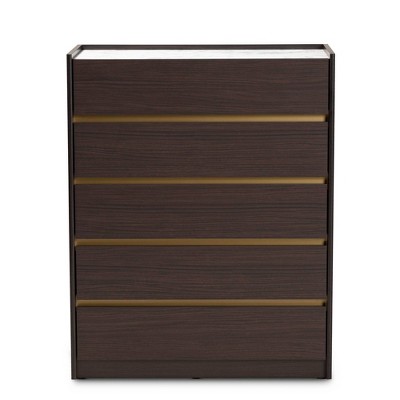 Walker Dark Brown Wood 5-Drawer Chest with Faux Marble Top