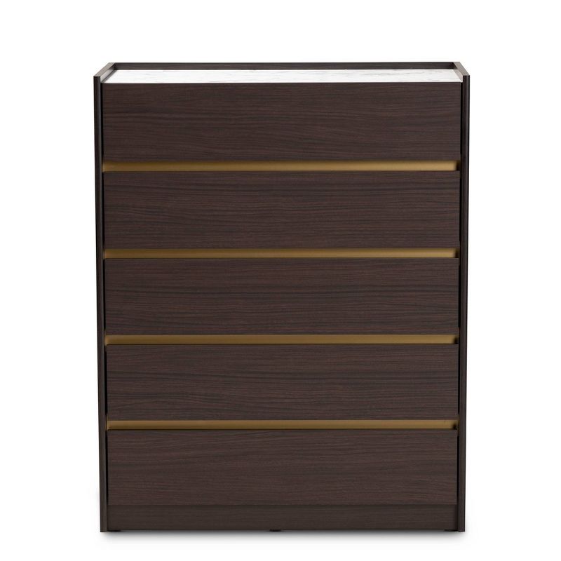 Walker Wood 5 Drawer Chest with Faux Marble Top Dark Brown/Marble/Gold - Baxton Studio, 4 of 10