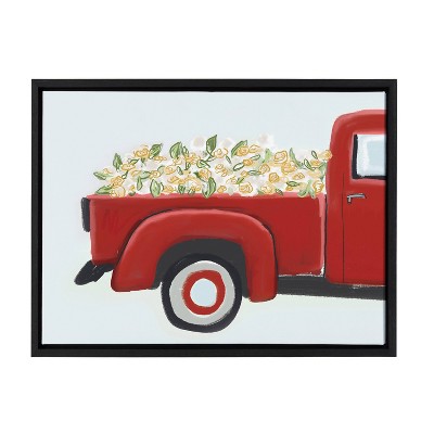Red Truck with Flowers Framed Canvas Art