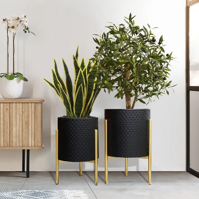Black Diamond Pattern Metal Planter Set with Gold Stands