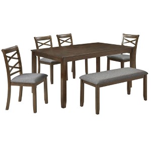 Resenkos 6-Piece Wooden Dining Table Set with 4 Chairs and Bench, Rectangular Table for 6 People, Kitchen & Dining Room, Walnut Brown - 1 of 4