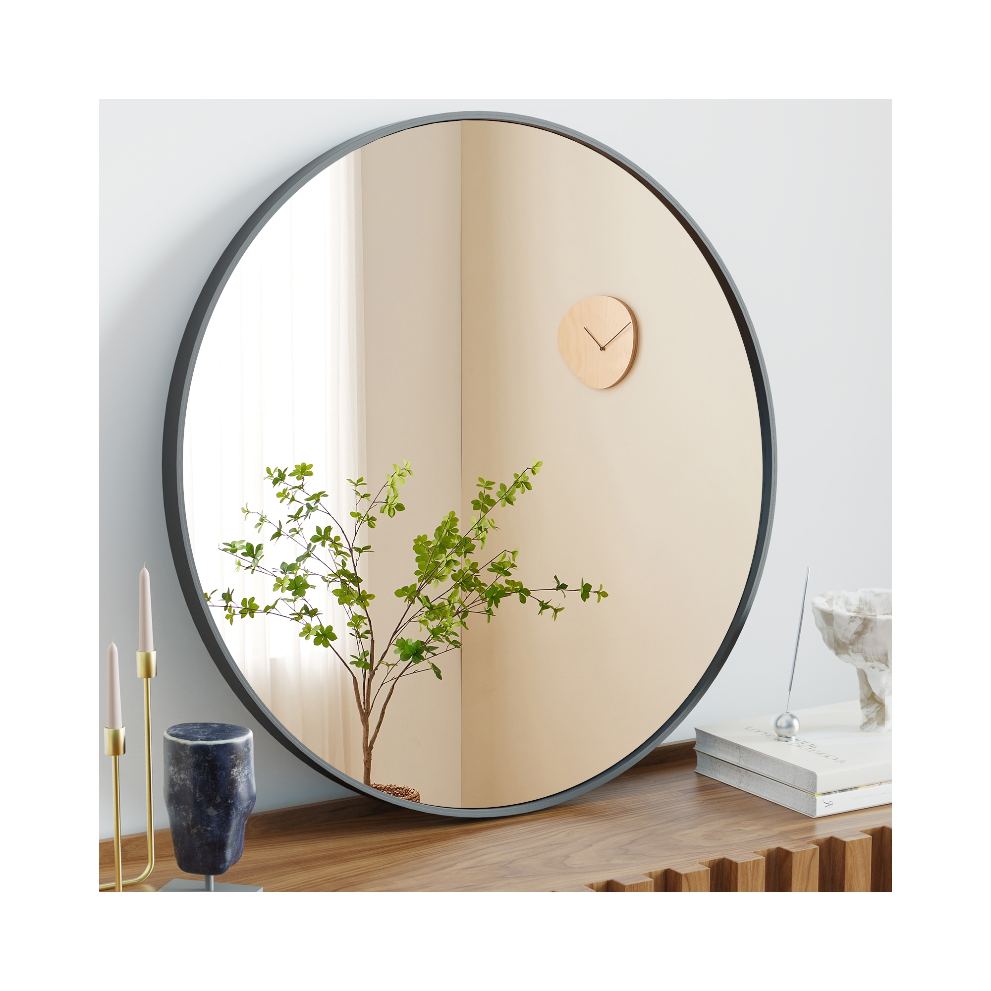 Bestier Round Mirror for Wall Decor, 24" Wall Mounted Circle Vanity Mirrors with Black Frame, Modern Decoration for Bathroom, Living Room, Entryway