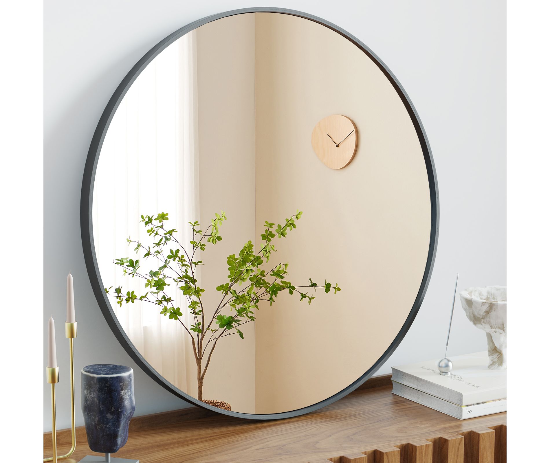 Bestier Round Mirror for Wall Decor, 24" Wall Mounted Circle Vanity Mirrors with Black Frame, Modern Decoration for Bathroom, Living Room, Entryway