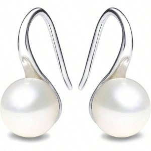 Sterling Silver Hoop Earrings with White Freshwater Pearls Advanced Fashion Temperament - 1 of 4