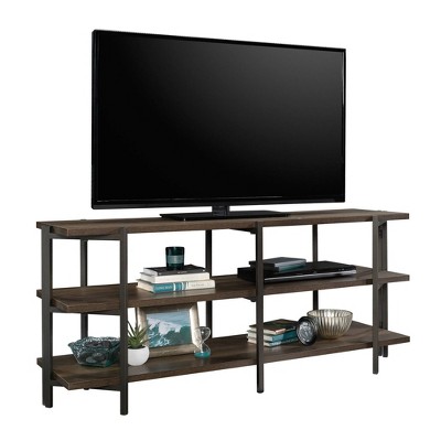 Smoked Oak and Black Metal 55" TV Stand with Open Shelving