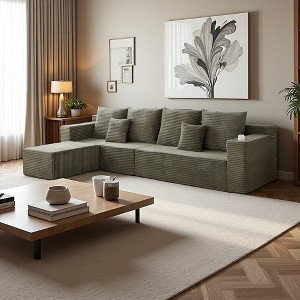 137" Corduroy Modular Sectional Cloud Sofa with Cup Holders - 1 of 4