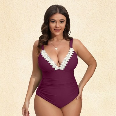 Women's Plus Size Lace V-Neck Shirred Tummy Control One-piece Swimsuit -Cupshe