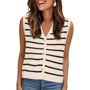 INSPIRE CHIC Women's V-Neck Sleeveless Button Down Knitted Striped Sweater Vest - 1 of 4