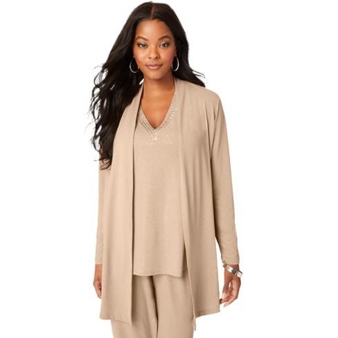 Roaman's Women's Plus Size Ultrasmooth® Fabric Long-Sleeve Cardigan, 34/36  - New Khaki Sparkle