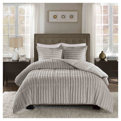 Gray King Faux Fur 3-Piece Comforter Set