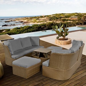 Carrie 5pcs Wicker Patio Dining Set with Coffee Table, Outdoor Furniture Set with Cushions, Loveseat Sofa and Ottoman - The Pop Home - 1 of 4