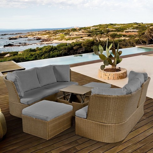Carrie 5pcs Wicker Patio Dining Set With Coffee Table Gray Outdoor Furniture Set With Cushions Loveseat Sofa And Ottoman The Pop Home Target
