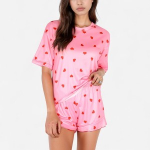 Anna-Kaci Lounge Women's Heart Print Satin Pajama Set with Short Sleeve Crew Neck Top and Ruffle Trim Lounge Shorts - 1 of 4