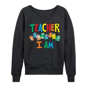 Women's - Dr. Seuss - The Cat In The Hat Book Cover Teacher I Am Lightweight French Terry Wide Neck Long Sleeve Shirt - 1 of 4