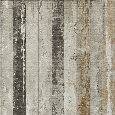 Beige And Charcoal Striped Washable Indoor Outdoor Area Rug