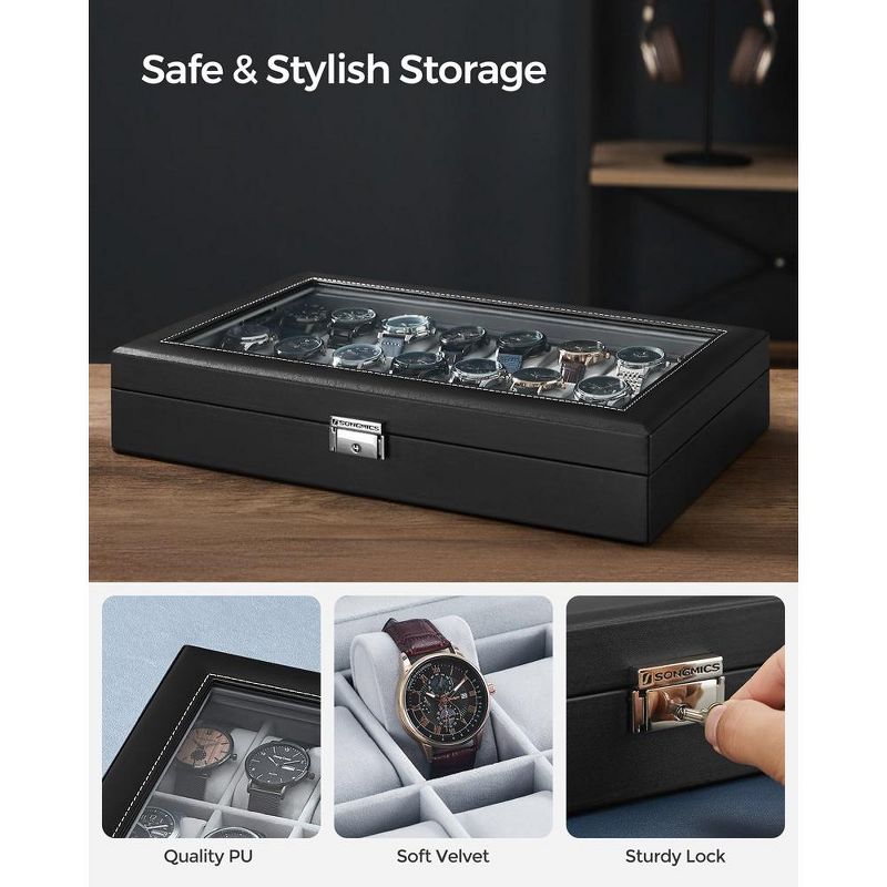 SONGMICS Watch Box 24-Slot Watch Case Lockable Storage Box with Glass Lid  Black Synthetic Leather Gray Lining, 4 of 7