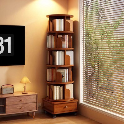 Lycvki Walnut Brown Wood 360 Display Rotating Bookshelf with Wheels