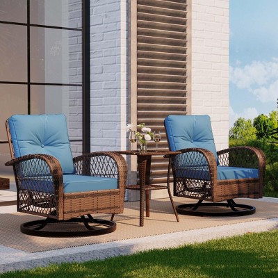 3 Pieces Patio Wicker Glider Chairs, Outdoor Swivel Rockers Patio Chairs Set of 2 with Thickened Cushions and Glass Coffee Table