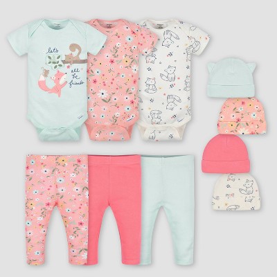 Image of Gerber Baby Girls' 10pk Fox Top and Bottom Set with Cap - White/Orange/Light Blue 0-3M