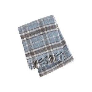 HomeRoots 55" X 70" Sky Blue And Brown Cotton Blend Woven Plaid Plush Throw Blanket with Fringe - 1 of 4