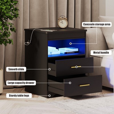 Vlsrka Black Bedside Table with Hidden Storage Compartment, Smart Nightstand Featuring USB & Type-C Charging Ports and Motion-Activated LED Light