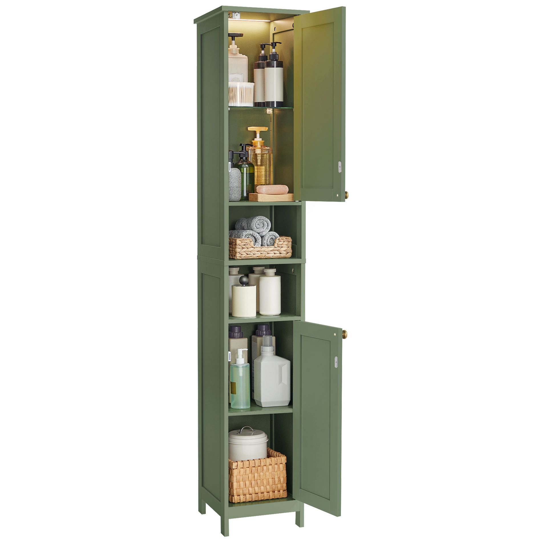 VASAGLE Tall Cabinet with Lights, Slim Storage Cabinet, Freestanding Narrow Cabinet with Adjustable Shelves, Forest Green