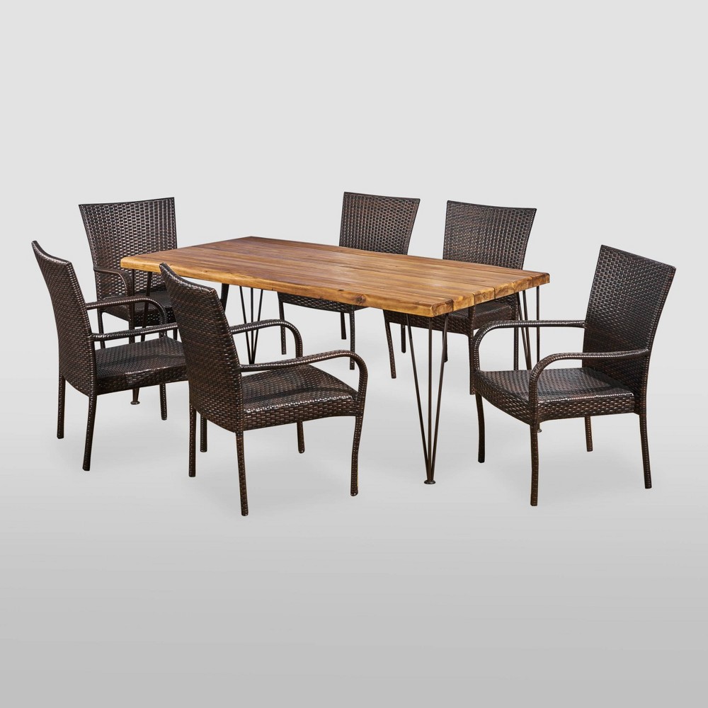 Photos - Dining Table 7pc Walker Acacia & Wicker Patio Dining Set Teak - Christopher Knight Home