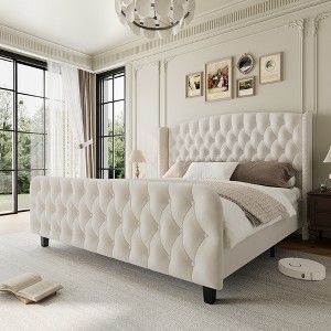 51" Tall Queen Size Bed Frame with Deep Button Tufted Wingback Headboard and Footboard, Velvet Upholstered, No Box Spring Needed, Easy Assemble - 1 of 4