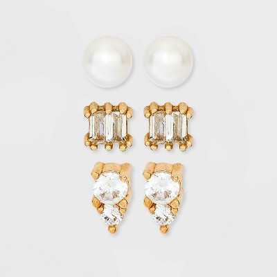 14K Gold Plated Cubic Zirconia and Freshwater Pearl Stud Earring Set 3pc - A New Day&#8482; Gold